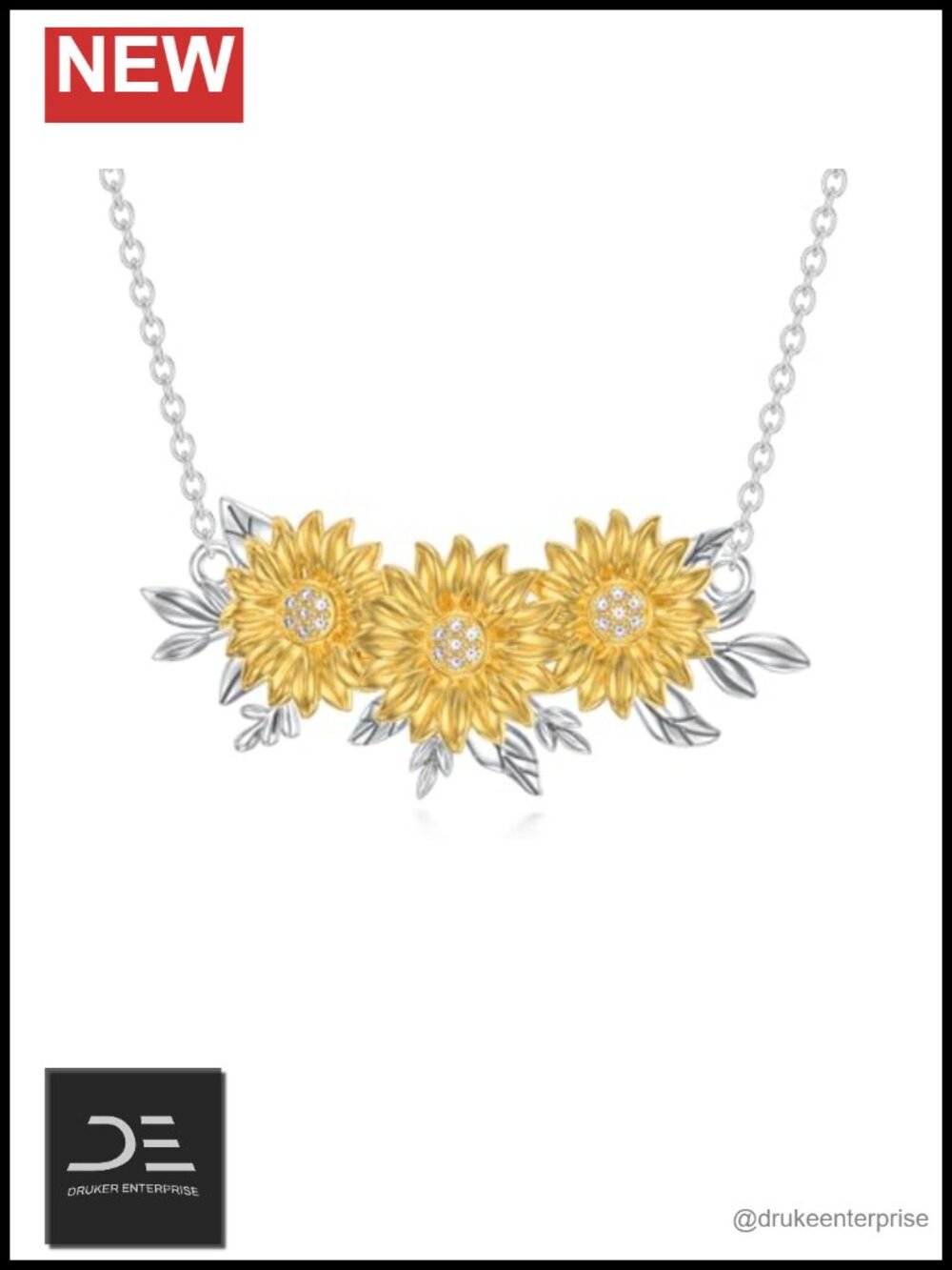 Solid 925 Sterling Silver Sunflower Pendant Necklace Lab Grown Diamond